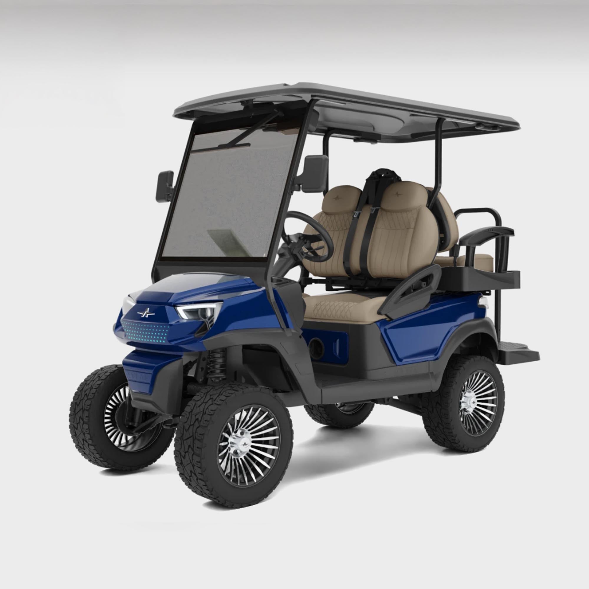 Atlas 4 passenger (lifted) – Cobalt Blue (Pebble, 15” Machined Black) - Hardy Carts & Equipment