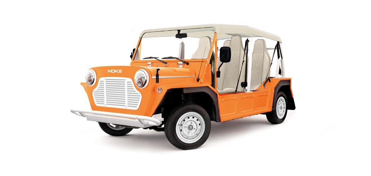 Moke Sunset Orange with Cream & Cream Bimini Top Steel Alloy Rim- Hardy Carts & Equipment