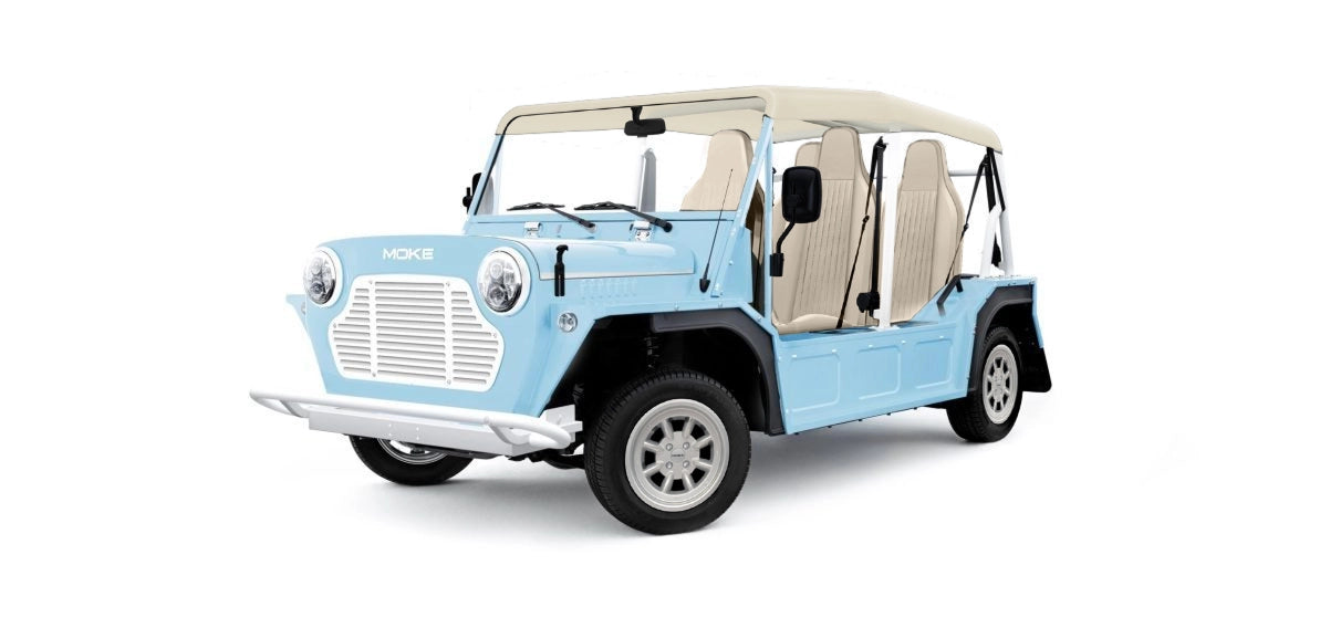 Moke Wave Blue with Premium Cream & Preimum Cream Bimini Top- Hardy Carts & Equipment