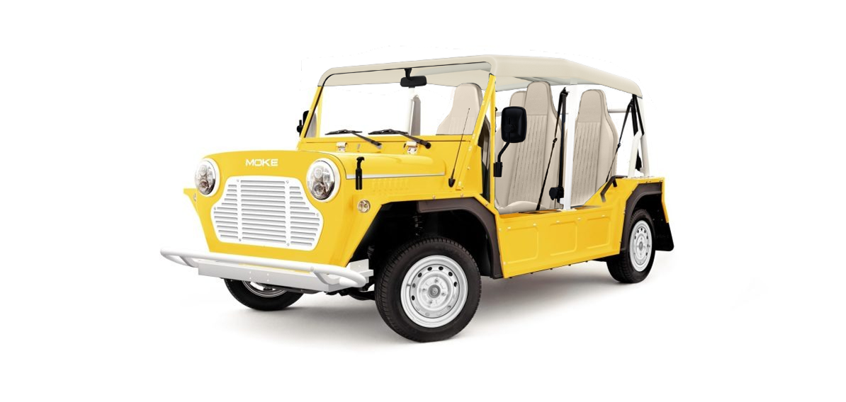 Moke Sunset Yellow with Cream & Cream Bimini Top Steel Alloy Rim- Hardy Carts & Equipment