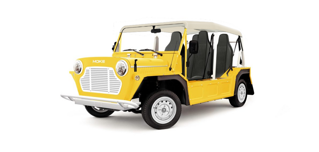 Moke Sunset Yellow with Black & Cream Bimini Top Aluminium Rim- Hardy Carts & Equipment