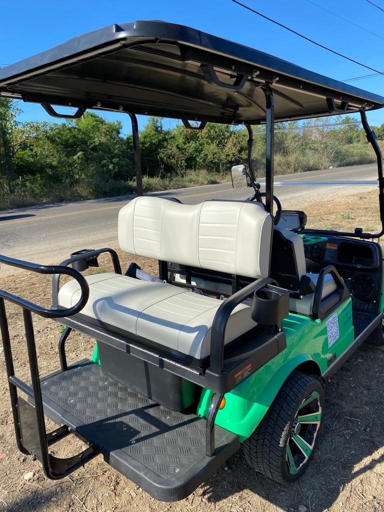 Green golf cart with white seats  - Hardy Carts & Equipment